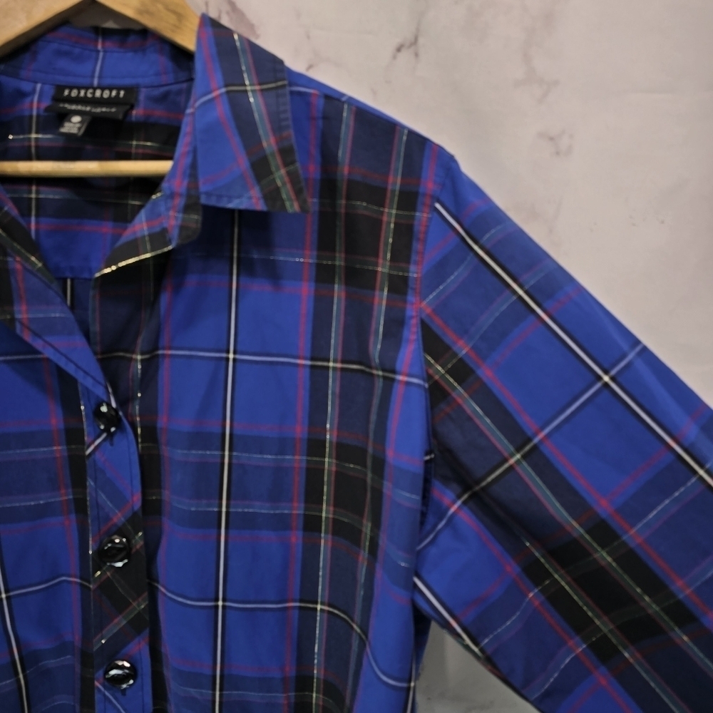 Foxcroft Shirt Women 18W Blue Black Gold Scotch Button Wrinkle Free Shaped Cuff - Picture 11 of 13